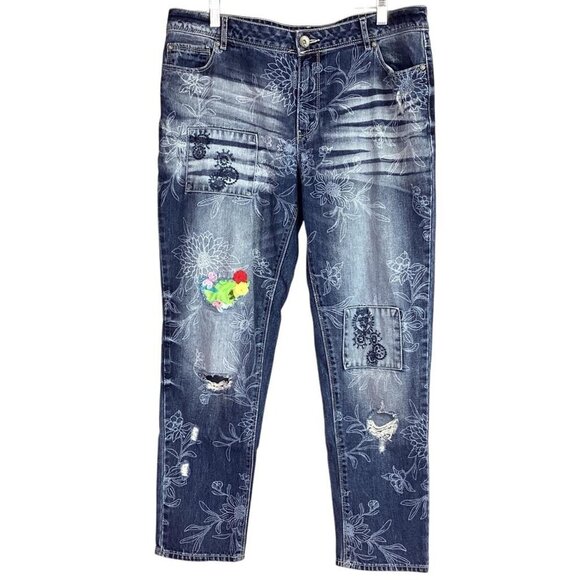 Est 1946 Jeans Women 14 Blue Contemporary Floral Patchwork Distress Embroidery - Picture 1 of 11